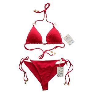 Ola Azul Red Halter Triangle Bikini Top & Tie Bottom Size Medium, Textured, Gold